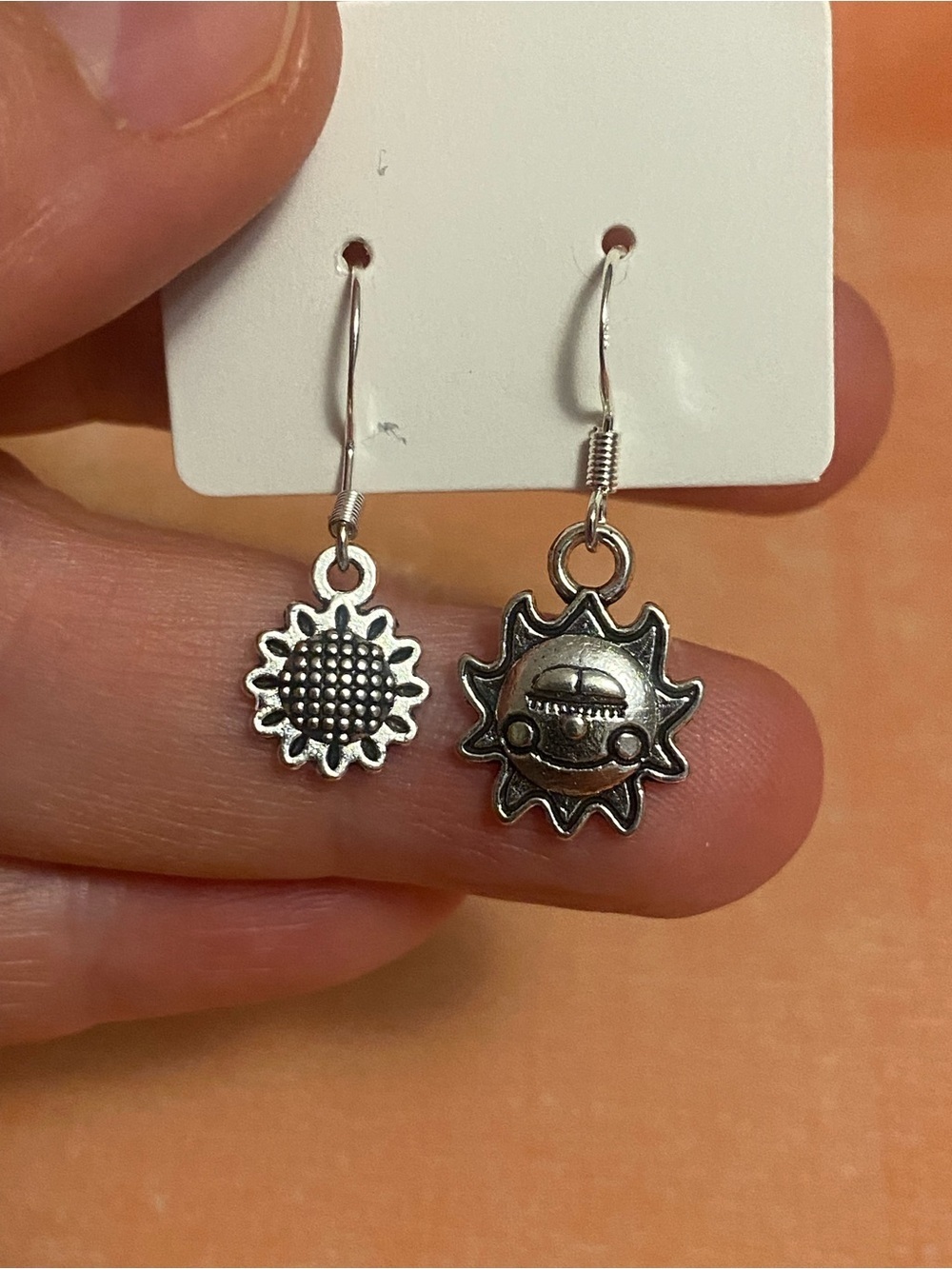 Sunflower and Sun Charm Drop Earrings - Silver Tone